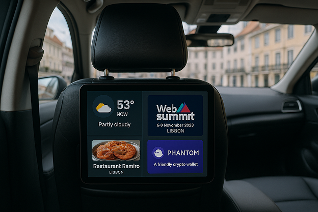 Tablet display showing advertisements in a vehicle