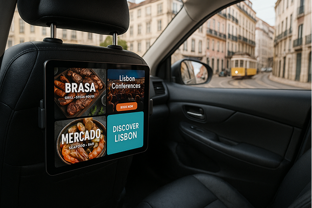 Tablet display showing local business advertisements